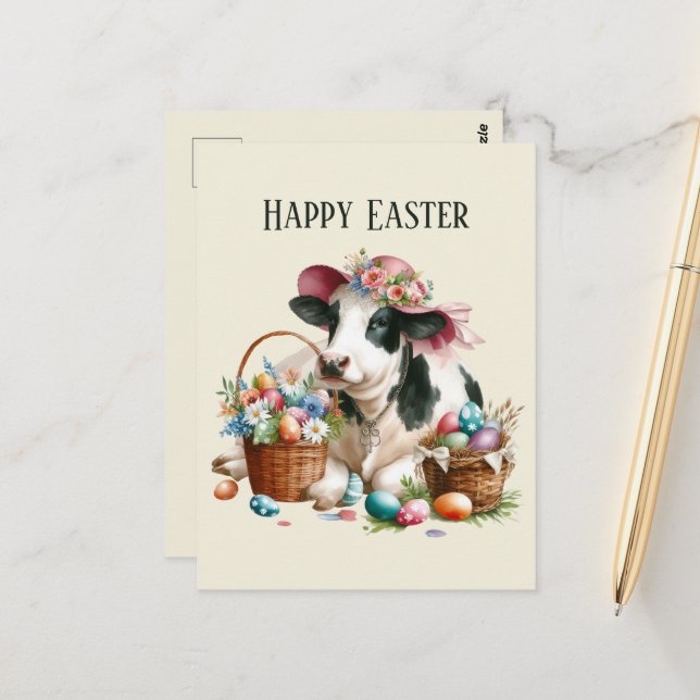 Niedliche Osterkuh fügt Text hinzu Postkarte (Vorderseite/Rückseite Beispiel)