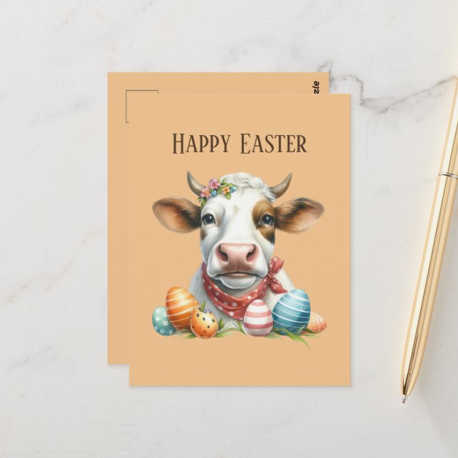 Niedliche Osterkuh fügt Text hinzu Postkarte (Vorderseite/Rückseite Beispiel)