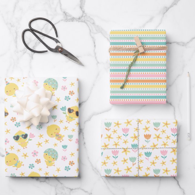 Niedliche Osterküken mit Blume und Eiern Geschenkpapier Set (Vorderseite)