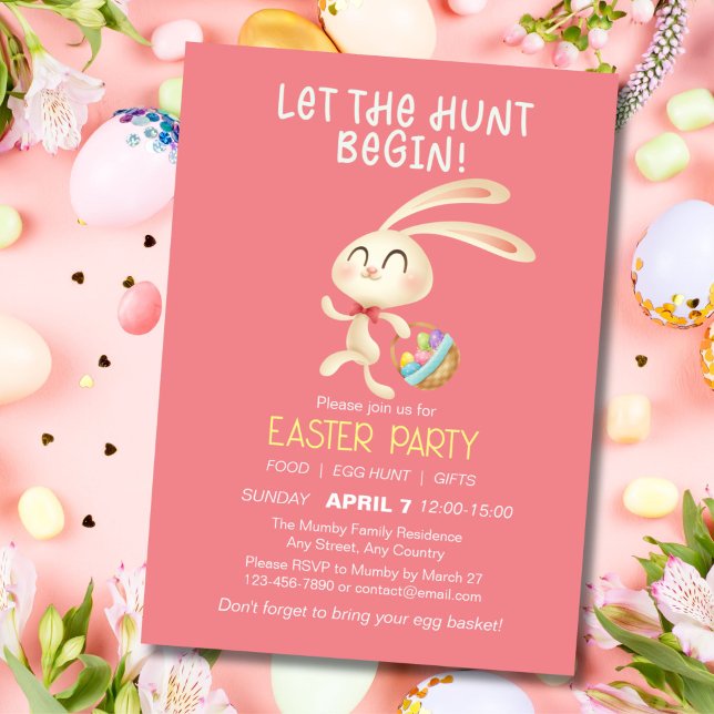 Niedliche Ostern Brunch Ei Hunt Einladung (Easter Party Invitation with Cute Bunny running for egg hunt)