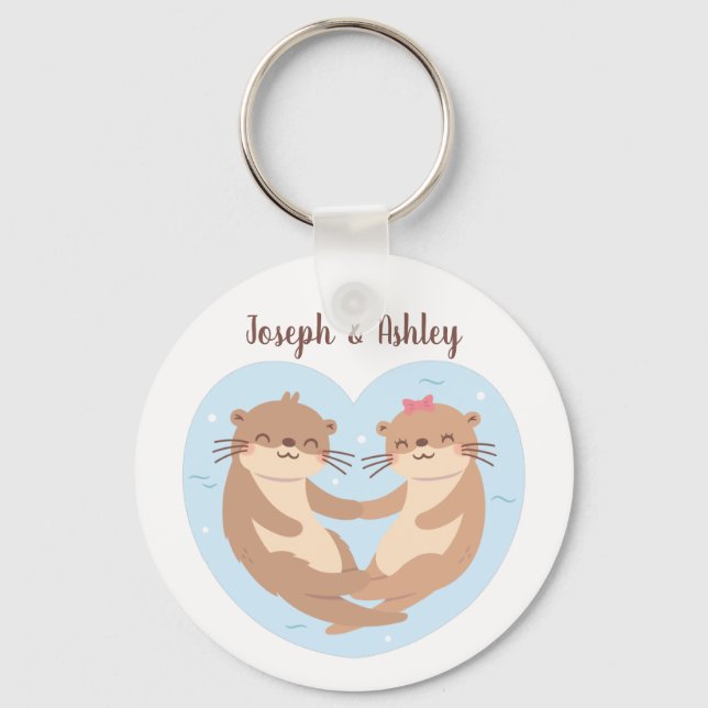 Niedliche Otter Couple Holding Hands Personalisier Schlüsselanhänger (Vorderseite)
