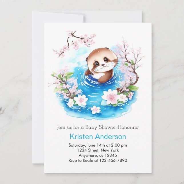 Niedliche Otter Enchanted Blue Floral Boy Baby Dus Einladung (Vorderseite)