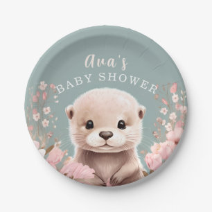 Niedliche Otter Girl Baby Duschkabine & Pink Flora Pappteller