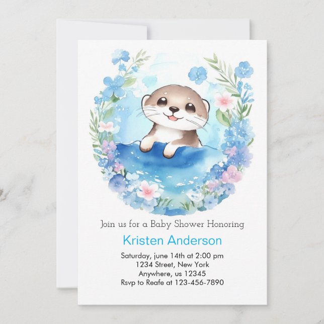 Niedliche Otter Watercolor Kinderdusche Einladung (Vorderseite)