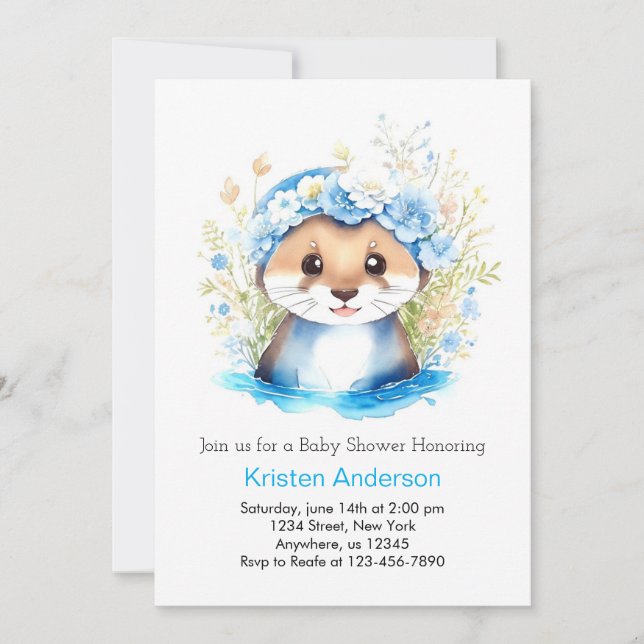 Niedliche Otters bezauberte Blue Floral Boy Baby D Einladung (Vorderseite)