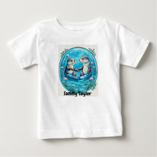 Niedliche Otters in blauem Wasser. Wasserlilienpla Baby T-shirt