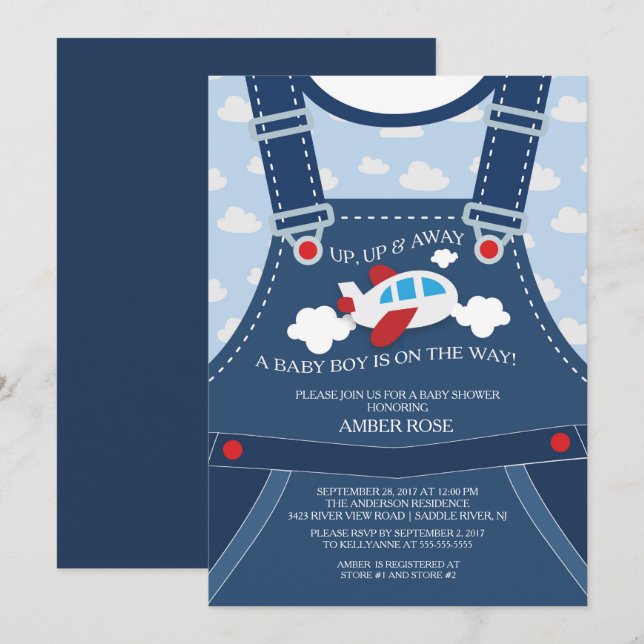 Niedliche Overalls Airplane Babydusche Einladung (Vorne/Hinten)