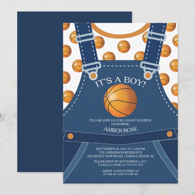 Niedliche Overalls BASKETBALL Kinderdusche Einladu Einladung (Vorne/Hinten)