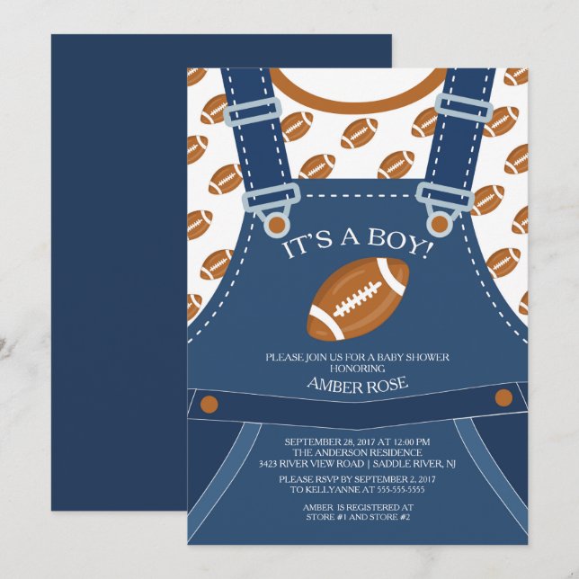 Niedliche Overalls FOOTBALL Kinderdusche Einladung (Vorne/Hinten)