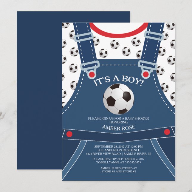 Niedliche Overalls SOCCER Ball Kinderdusche Einlad Einladung (Vorne/Hinten)