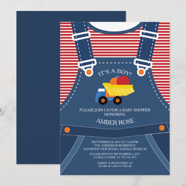 Niedliche Overalls Toy Truck Kinderdusche Einladun Einladung (Vorne/Hinten)
