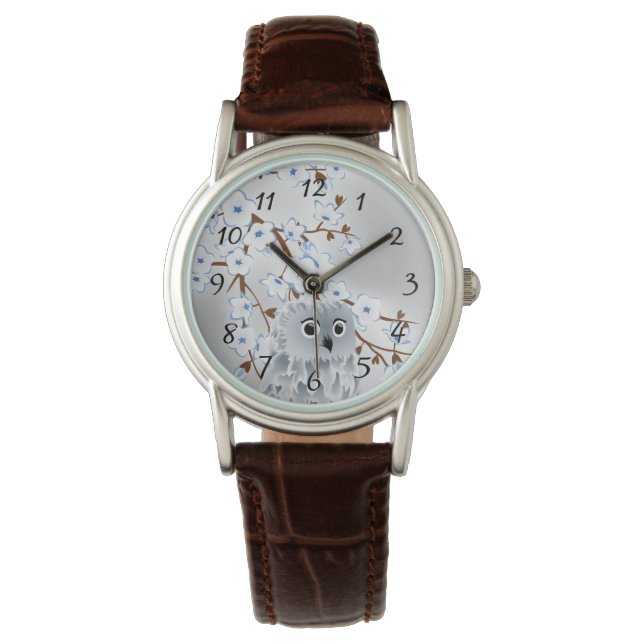 Niedliche Owl Blue Silver Cherry Blüten Zahlen Armbanduhr (Vorderseite)