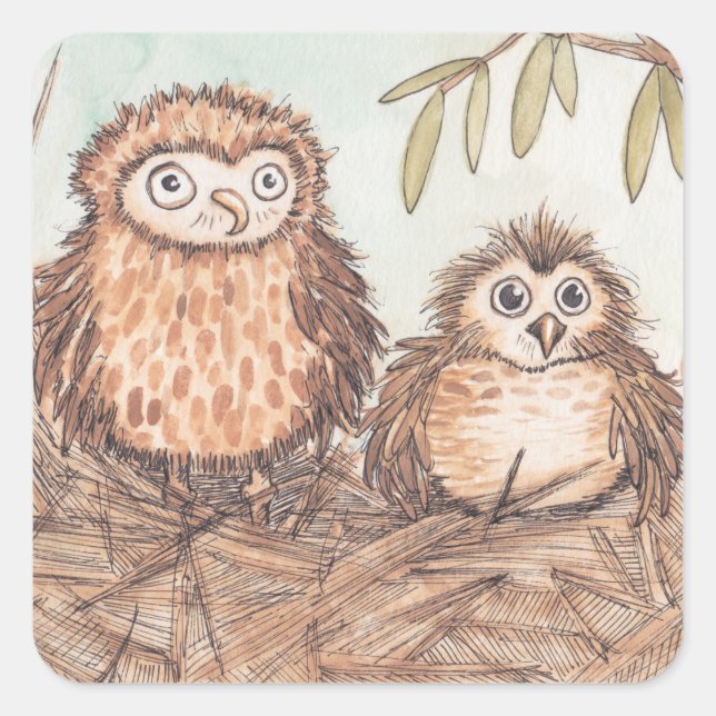 Niedliche Owl Brothers Quadratischer Aufkleber (Vorderseite)
