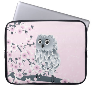 Niedliche Owl Cherry Blossom Pink Gray Illustrativ Laptopschutzhülle