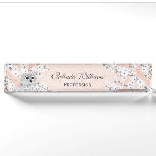 Niedliche Owl Cherry Blossom Rose Gold Glitzer Leh Namensplakette