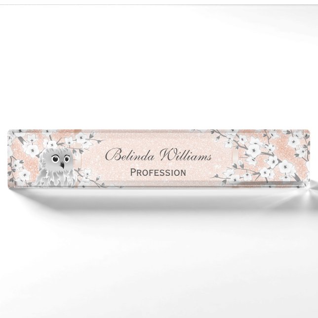 Niedliche Owl Cherry Blossom Rose Gold Glitzer Leh Namensplakette (Vorderseite)