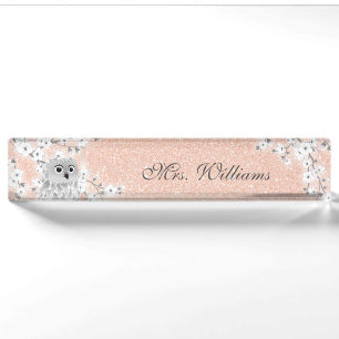 Niedliche Owl Cherry Blossom Rose Gold Glitzer Leh Namensplakette