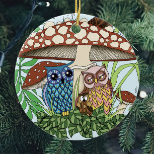 Niedliche Owl Family Pilzregen Keramikornament