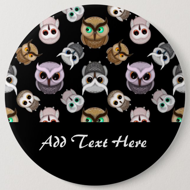 Niedliche Owl-Illustrationen über schwarzem Hinter Button (Vorderseite)