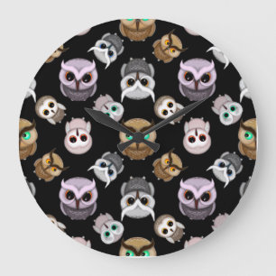 Niedliche Owl-Illustrationen über schwarzem Hinter Große Wanduhr