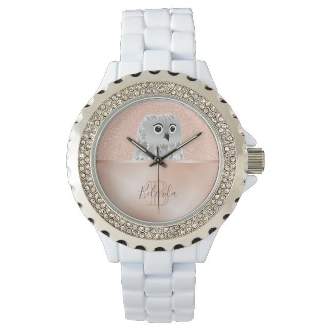 Niedliche Owl Rose Gold Glitzer Monogram Watch Armbanduhr (Vorderseite)