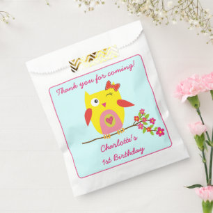 Niedliche Owl Yellow Pink Blume Danke zum Geburtst Geschenktütchen
