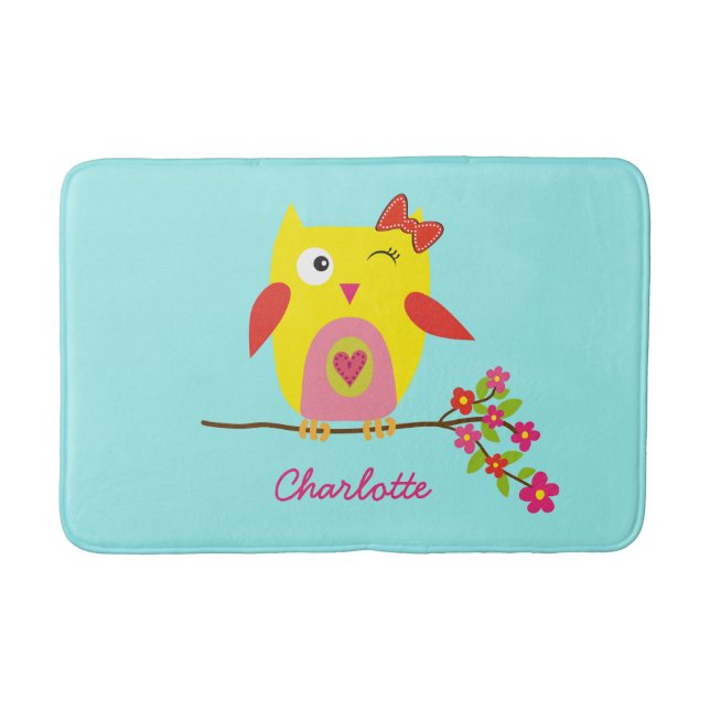 Niedliche Owl Yellow Pink Illustration anpassbar Badematte (Vorderseite)