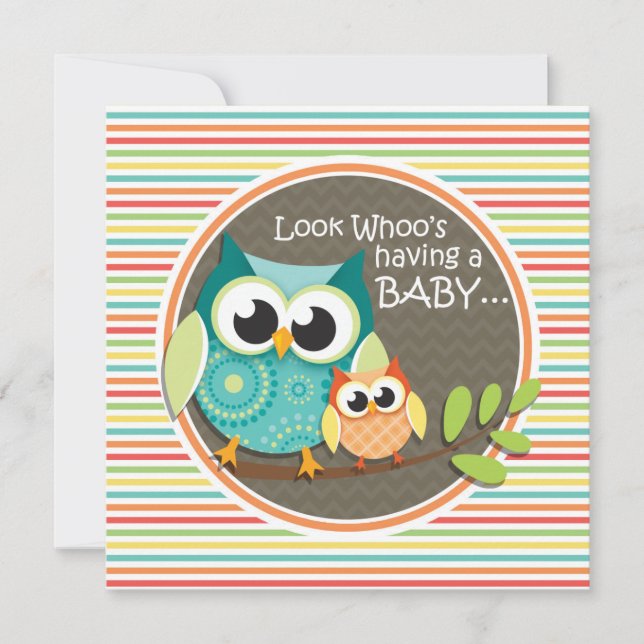 Niedliche Owls Babydusche, Helle Regenbogenstreife Einladung (Vorderseite)