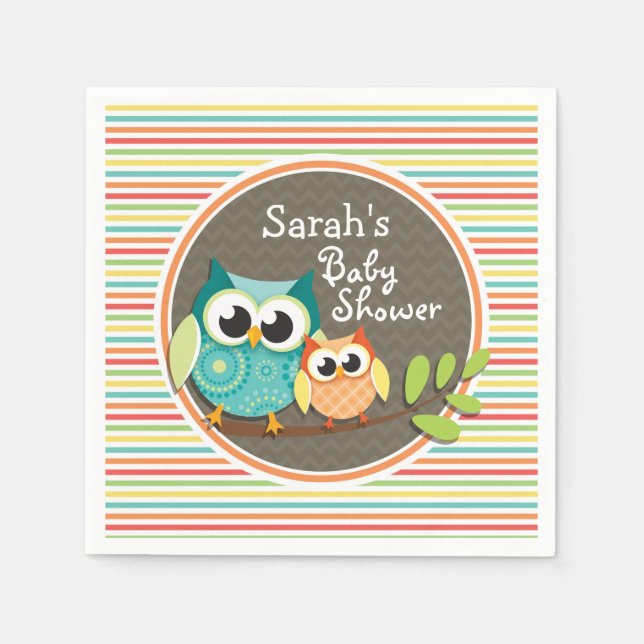Niedliche Owls Babydusche, Helle Regenbogenstreife Serviette (Vorderseite)