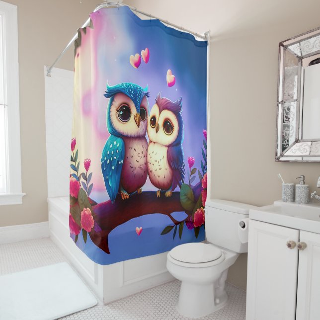 Niedliche Owls Hearts Valentine Inspiriert Artwork Duschvorhang (Beispiel)