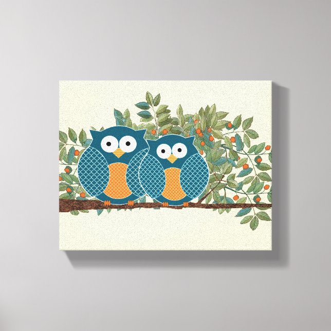 Niedliche Owls Vintage Liebesvögel Leinwanddruck (Vorderseite)