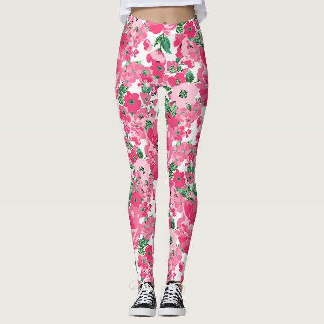Niedliche Paint Pink Blume Elegantes Weißes Design Leggings (Vorderseite)