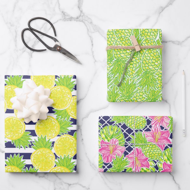 Niedliche Palm Beach Ananas und Zitronen Geschenkpapier Set (Vorderseite)