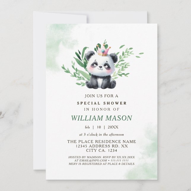 Niedliche Panda Baby Boy Dusche Aquarell Einladung (Vorderseite)