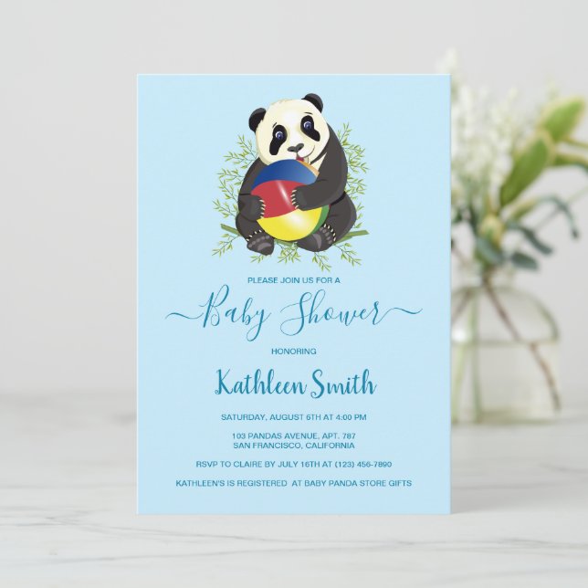 Niedliche Panda Baby Dusche Moderne Light Blue Swe Einladung (Stehend Vorderseite)