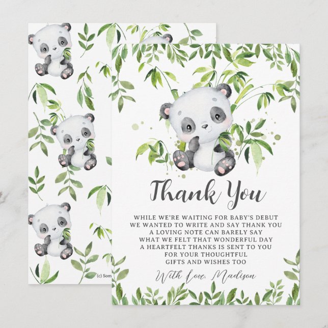 Niedliche Panda Bamboo Greenery Baby Dusche Dankeskarte (Vorne/Hinten)