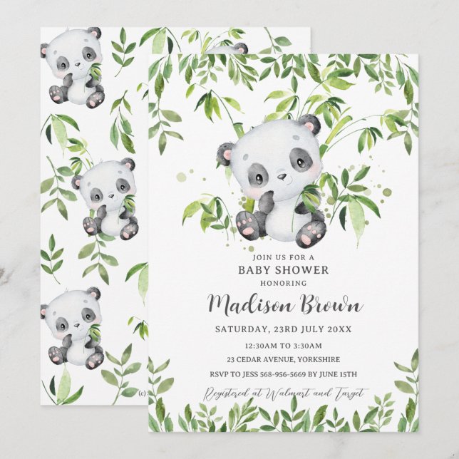 Niedliche Panda Bamboo Greenery Baby Dusche Einladung (Vorne/Hinten)