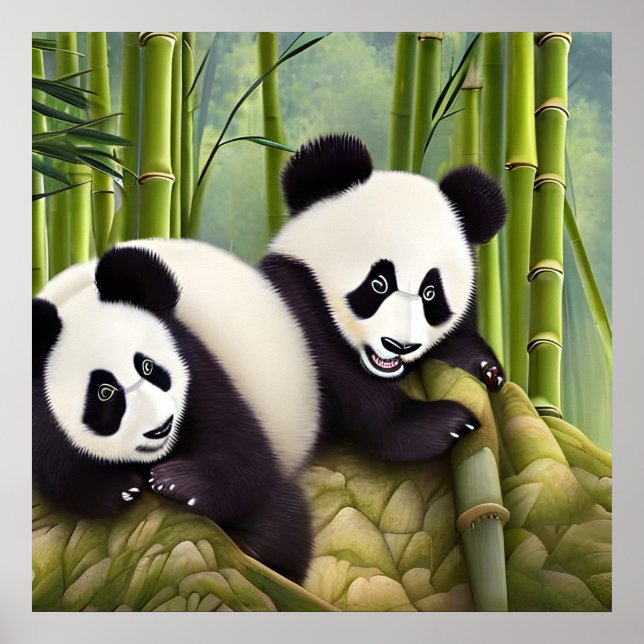 Niedliche Panda-Bären im Bambuswald Poster (Vorne)