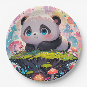 Niedliche Panda Cub in einem Wald von Pilzen Pappteller