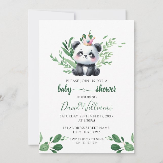 Niedliche Panda Gender Neutral Greenerity Baby Dus Einladung (Vorderseite)