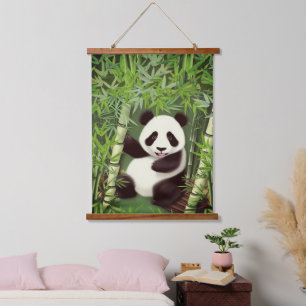 Niedliche Panda in Bamboo-Wald-Hängeländer Wandteppich Mit Holzrahmen