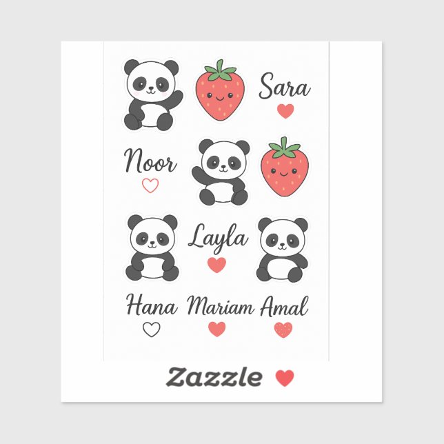 Niedliche Panda, Strawberry & Individuelle Name He Aufkleber (Blatt)