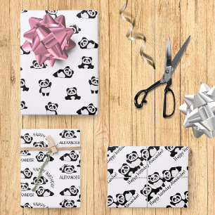 Niedliche Pandas Schwarz-Weiß-Muster Personalisier Geschenkpapier Set