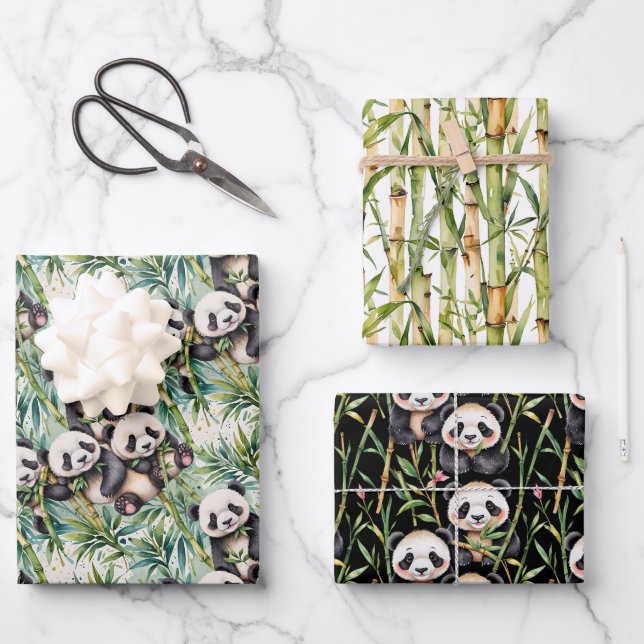 Niedliche Pandas und Bamboo Geschenkpapier Set (Vorderseite)