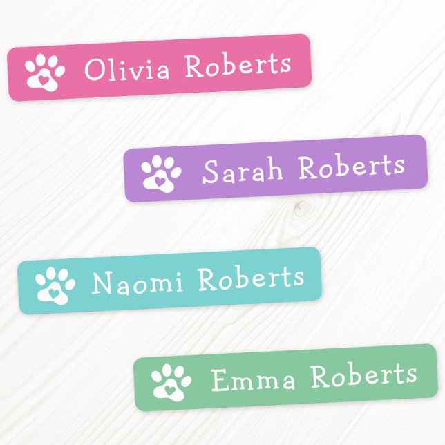 Niedliche Pappdrucke individuelle Name rosa Stoffb Etiketten (Cute paw prints custom name pink fabric clothing labels)