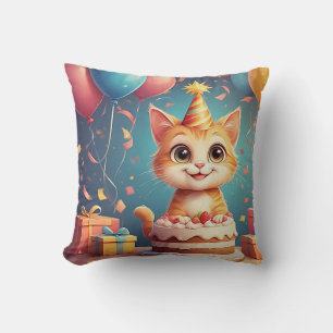 Niedliche Partykatze mit Kuchen und Ballons Kissen