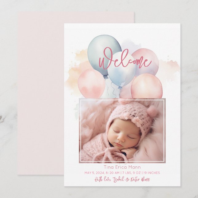 Niedliche Pastel Balloons Begrüßungsjunges Mädchen Ankündigung (Vorne/Hinten)
