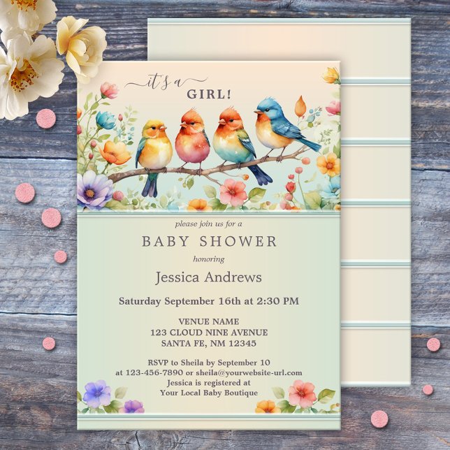 Niedliche Pastel Birds Aquarellblütendusche Einladung (Cute baby shower invite featuring a watercolor illustration of flowers and birds in pastel colors)