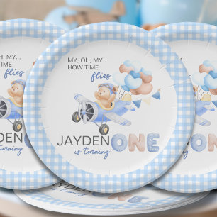 Niedliche Pastel Blue Brown Baby Bear verwandelt e Pappteller