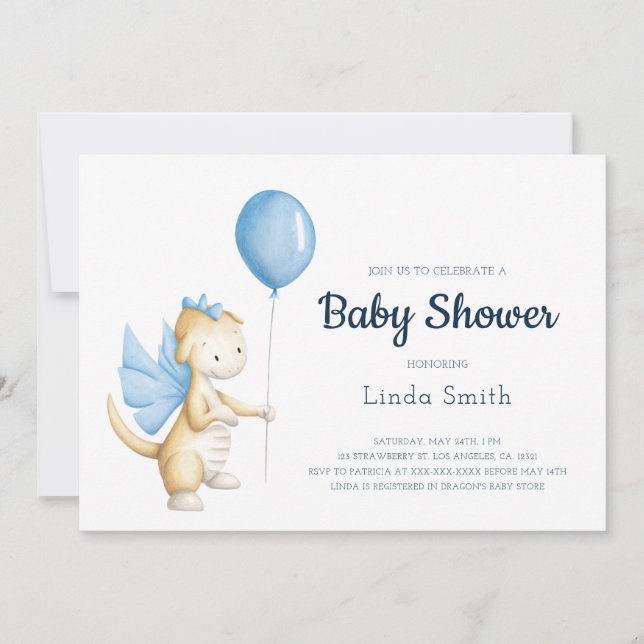 Niedliche Pastel Blue Dragon Boy Baby Dusche Einladung (Vorderseite)